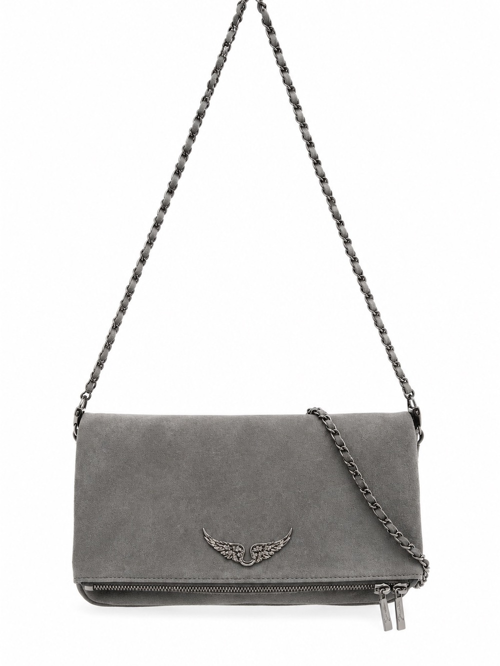 Zadig & Voltaire Rock Gray Suede Clutch Crossbody Bag Silver Chain Wings